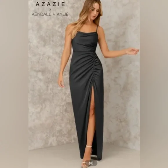 Azazie x Kendall & Kylie Sheath Pleated Stretch Satin Floor Length Mermaid Dress - Picture 6 of 6